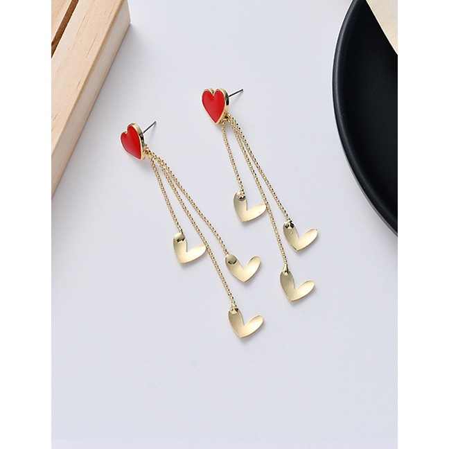 LRC Anting Tusuk Fashion Golden Dripping Love Heart Tassel Chain Earrings D73212