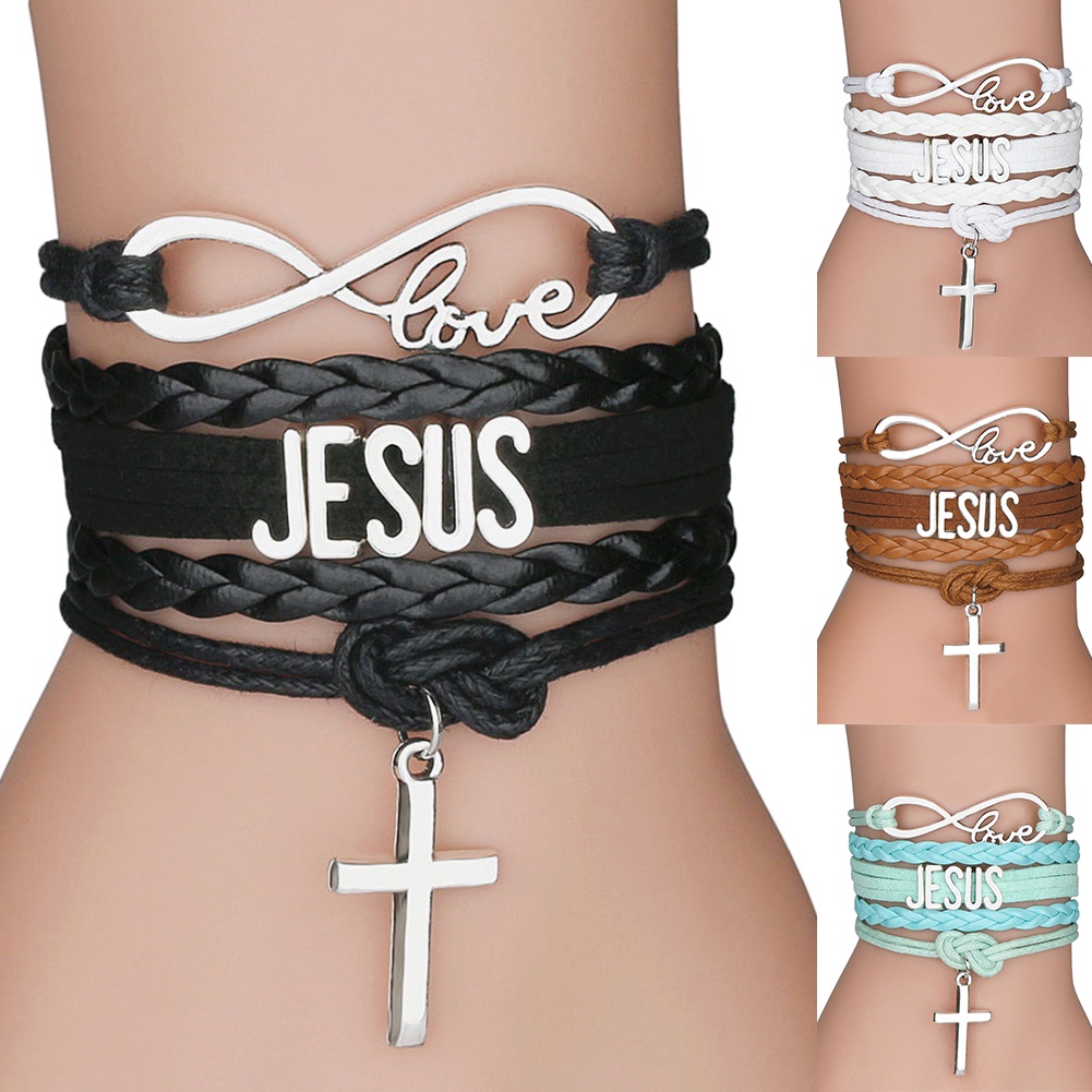 Hu Hu Hu Hu Hu Alat Bantu Pasang Kacamata♡ Infinity Gelang Tali Kepang Multilayer Dengan Charm Salib Yesus Love JESUS Untuk Priawanita