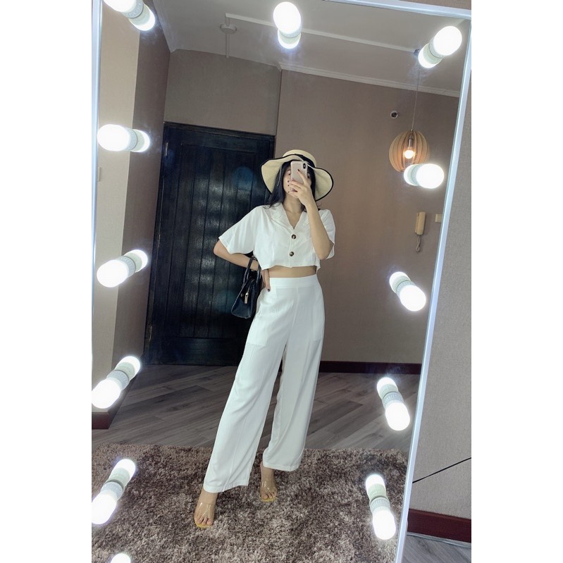 ZENAYA SET SETEL281 SETELAN BAJU CROP DAN CELANA PANJANG KULOT BUSUI SETEL281-White