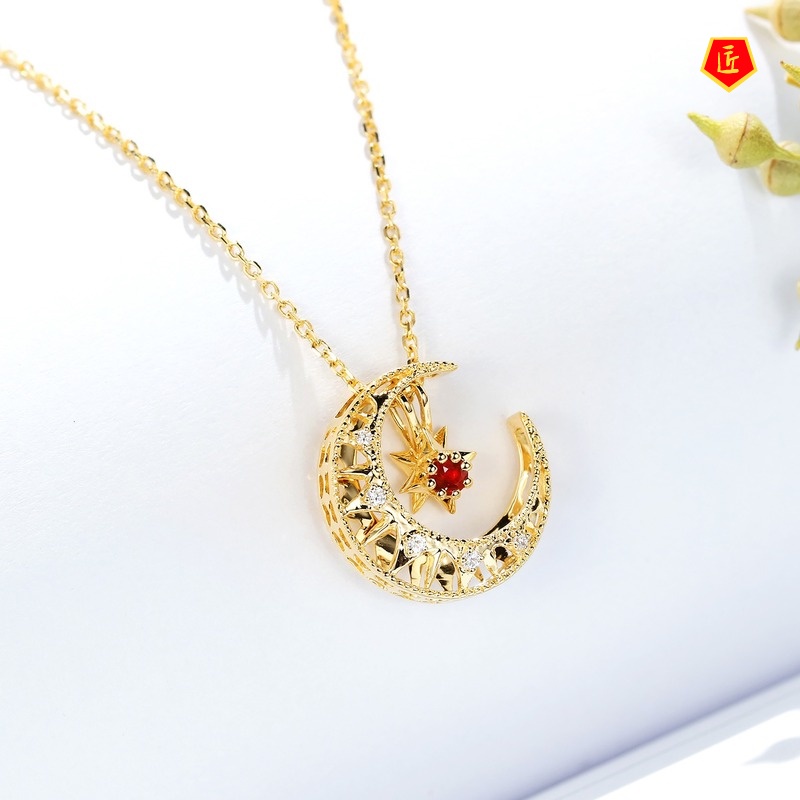 [Ready Stock]18K Golden Moon Necklace Inlaid Ruby Gold Pendant Women's Detachable Multi-Purpose