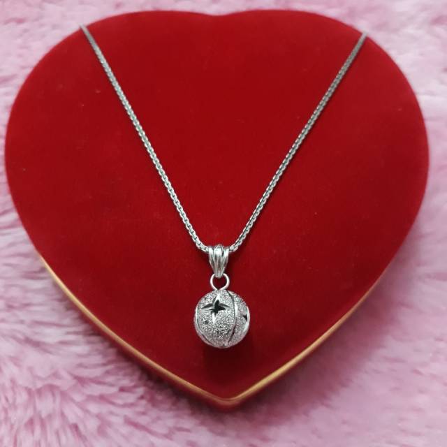 KALUNG LIONTIN BOLA UKIR PERAK 925 LAPIS EMAS PUTIH / PERHIASAN KALUNG SILVER WANITA / KALUNG PERAK 