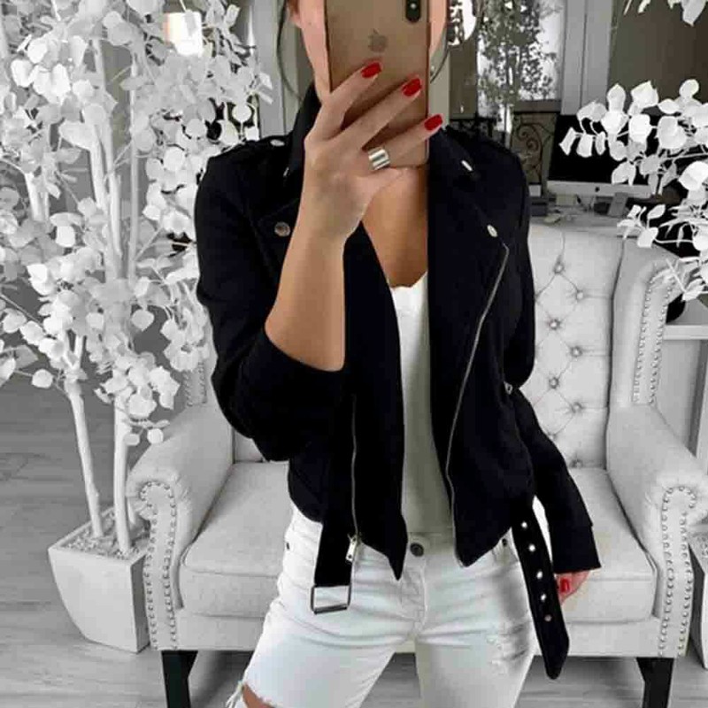 Gratis Ongkir Autumn Women Casual Jacket Coat Zip Up Short Slim Turn Down Collar Short Jackets Top