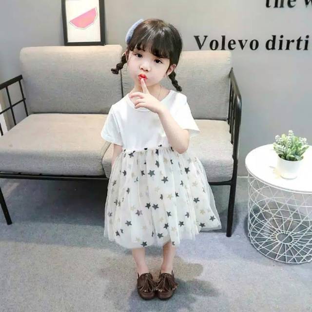 Dress tutu anak motif bintang / gaun import anak perempuan kaos lengan pendek rok tile