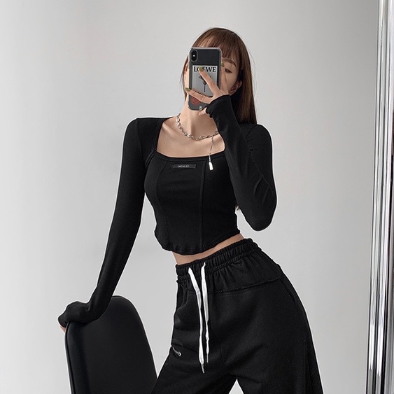 Korean Long Sleeve Square Neck Crop Tee Kaos Atasan Wanita Import Slim Top