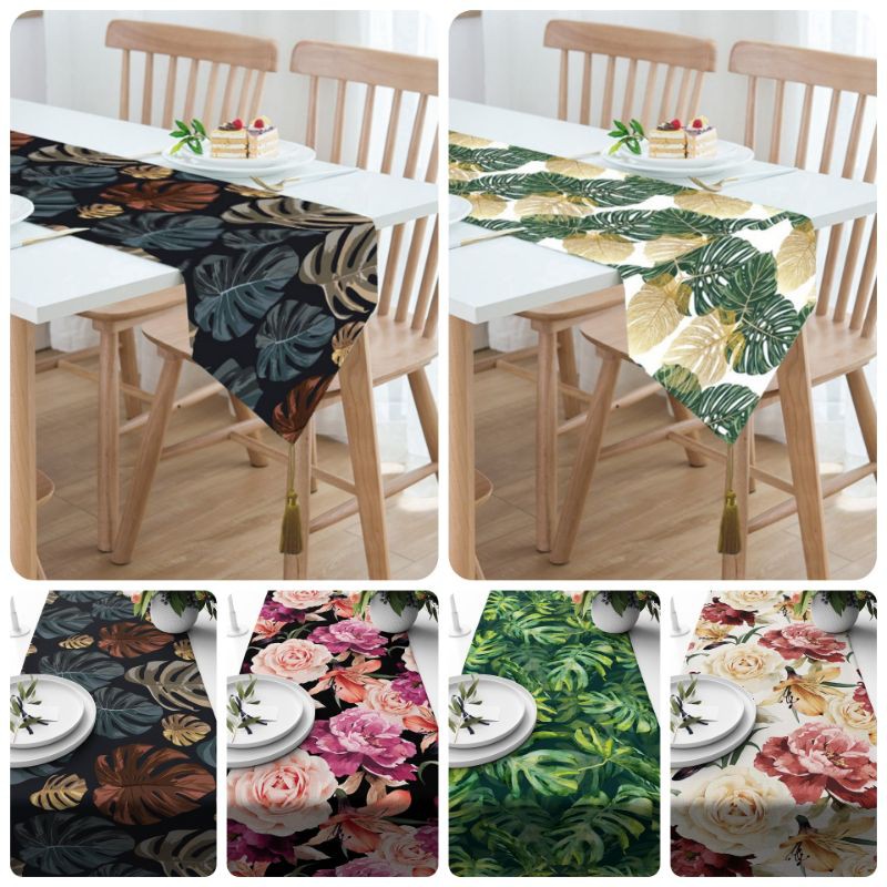 Taplak Meja Panjang Table Runner 230X40CM Motif Campur Floral Daun Plant Leaf Monstera