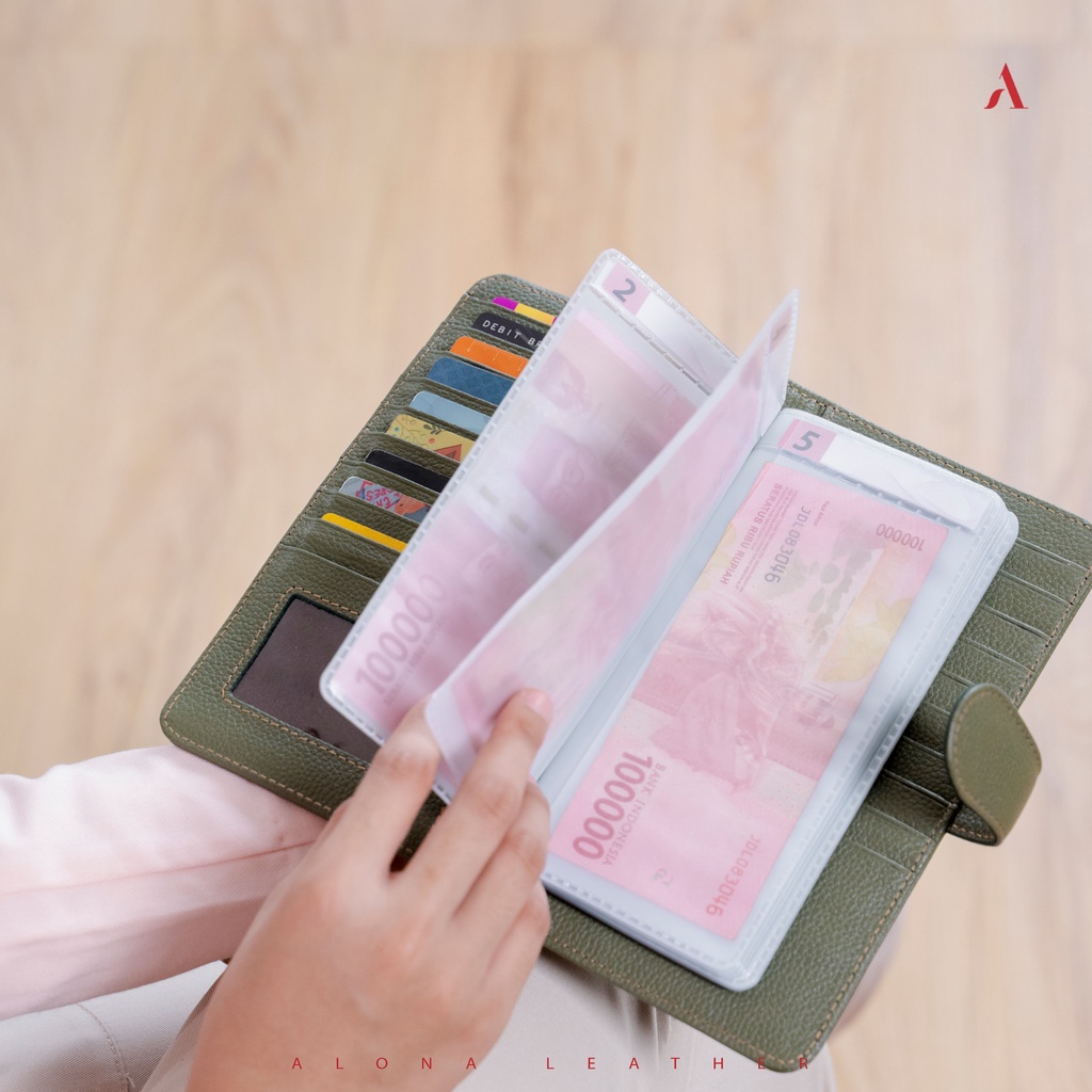 Dompet Kulit Panjang Lipat Wanita Bahan 100% Kulit Asli Alona Planner Budget Keuangan Wallet Premium Branded Awet Tebal Elegan