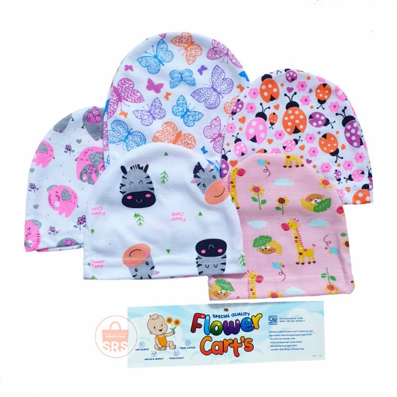 5in1 (5 Pcs) Kupluk Topi Bayi Flower Cart's 0-6 Bulan | Kupluk Bayi SNI Baby Baby Boy | Baby Girls