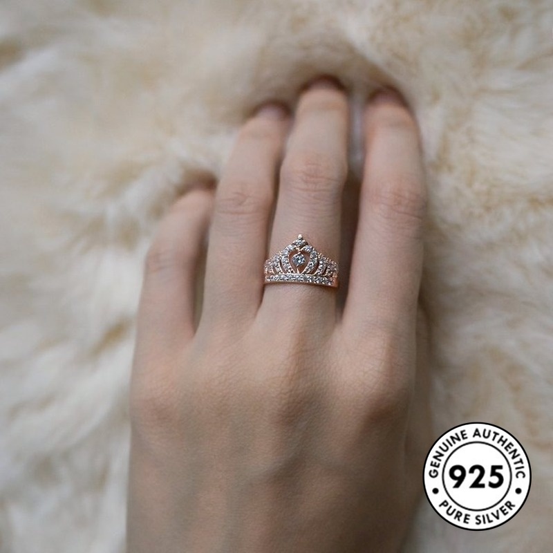 Cincin Sterling Silver 925 Model Mahkota Dengan Berlian Imitasi Warna Rose Gold Untuk Wanita