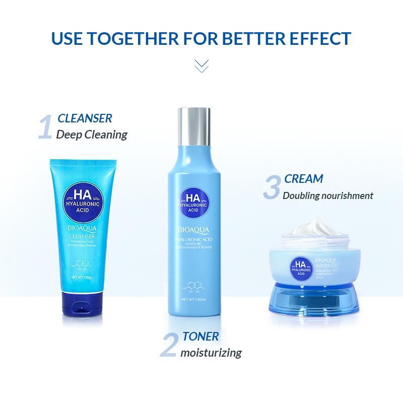 BIOAQUA Hyaluronic Acid Moisturizing Cream | BIOAQUA Hyaluronic Acid Moisturizing Cleanser | BIOAQUA Replenishment Toner | BIOAQUA Hydrating Serum Essence