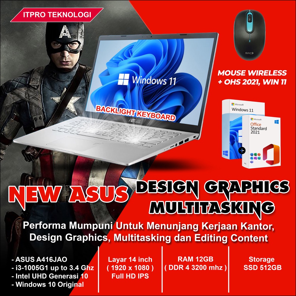 ( Best Seller ) Laptop Bisnis, Design Graphics dan Editing ASUS A416JAO - Core i3-1005G1, RAM 12GB, SSD 512GB, 14" FHD, UHD G1, OHS 2021, Windows 11 ( Laptop Murah, Laptop Sekolah, Laptop Gaming )