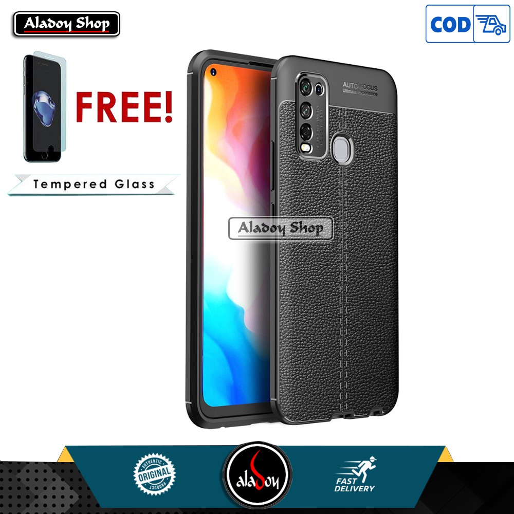 Case VIVO Y30 2020 Ultra Slim Autofocus Leather Premium Softcase + Tempered Glass Pelindung Layar