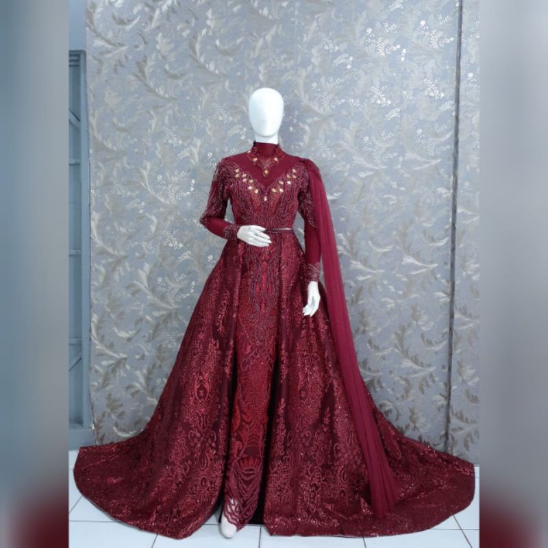 Gaun pengantin akad kebaya langsung konveksi maroon