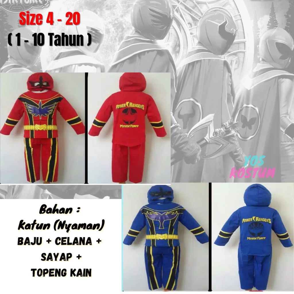 Baju Kostum Anak Superhero Power Rangers Mystic Force Merah Biru Setelan Karakter Topeng Sayap