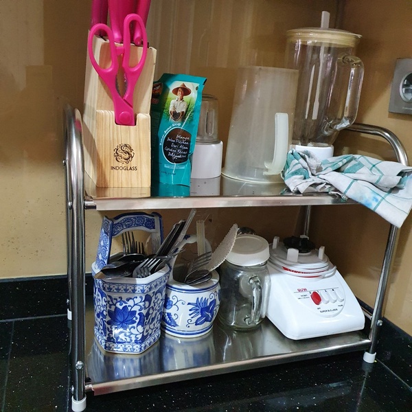 rak dapur stainless portable 2 susun minimalis bongkar pasang multifungsi serbaguna rak tempat peralatan perlengkapan perabot bumbu dapur bumbu masak anti karat  praktis kuat kokoh anti karat murah terbaru