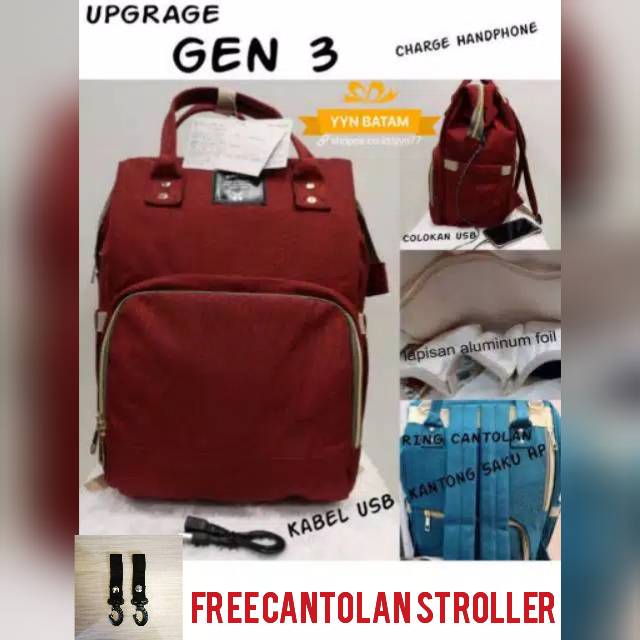 Anello Diaper Bag Upgrade GEN 3+USB Port Charger STRIPE Tas Bayi Multifungsi Anello Waterproof