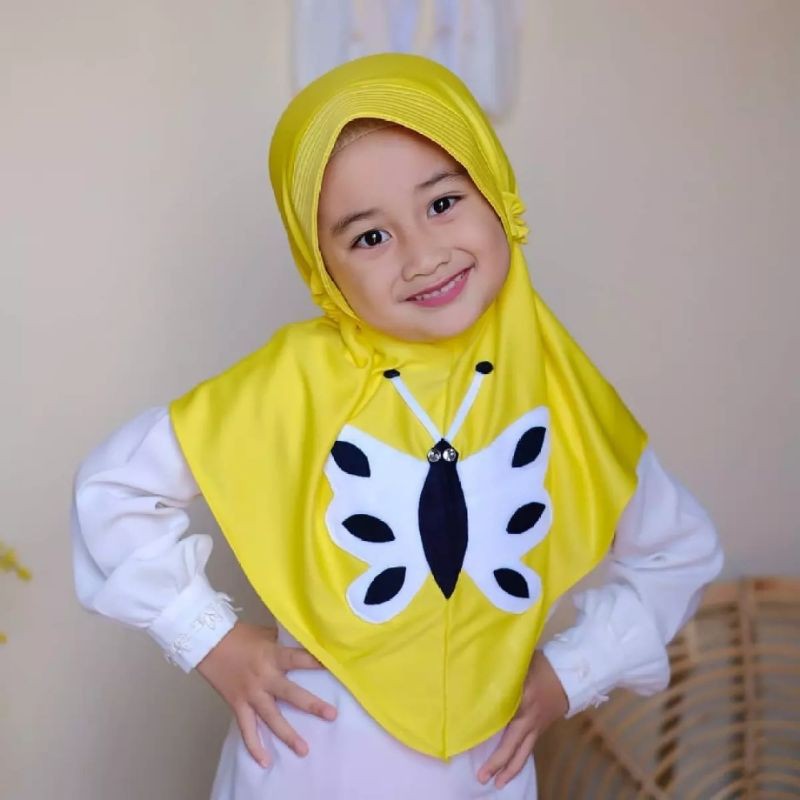 kerudung Devia Morif Kupu Kupu anak instant Premium 3th - 6 tahun terbaru | jilbab lucu bayi Perempuan sekolah tk 4 - 5 thn | hijab Tanggung baby sd bahan jersey lembut adem