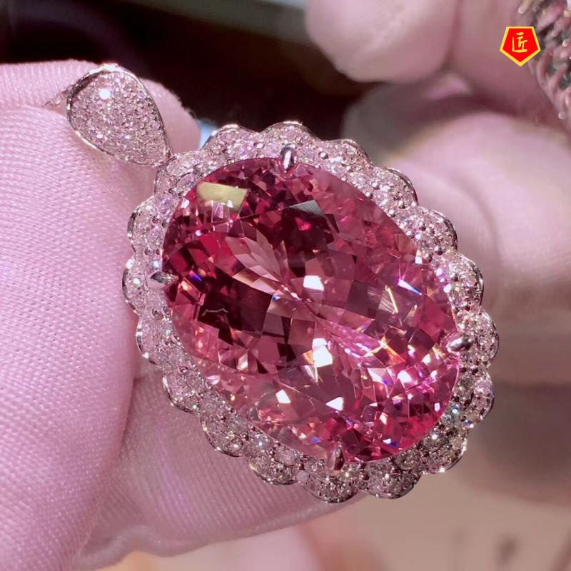 [Ready Stock]Oval Natural Pink Morganite Open Ring Pink Diamond Necklace