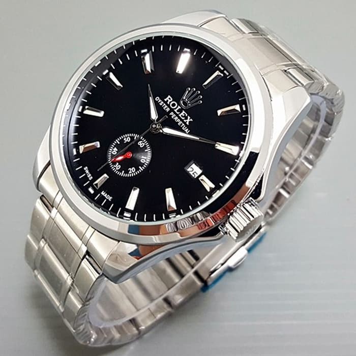 Jam Tangan Pria / Cowok Rolex Automatic Big Size Rantai Silver Black Army