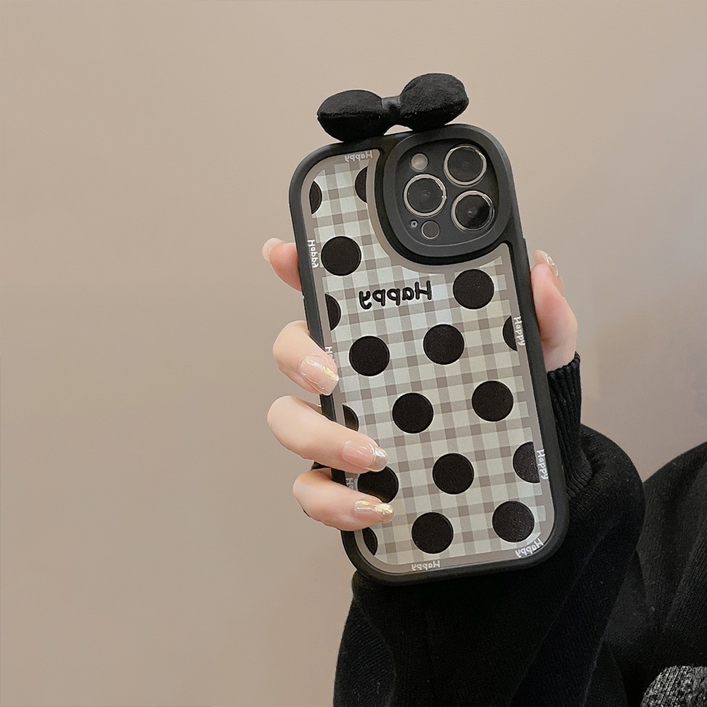 IPHONE Sarung Silikon Motif Kotak-Kotak Polkadot Hitam Cewek Keren Untuk Iphone7 8 PLUS X XR XS 11 12 13 14 MINI PRO MAX SE 2020 Case Dengan Busur Simpul 3D