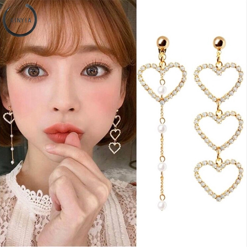 Anting Giwang Panjang Model Hati Dengan Mutiara + Kristal + Rumbai Gaya Korea Untuk Wanita