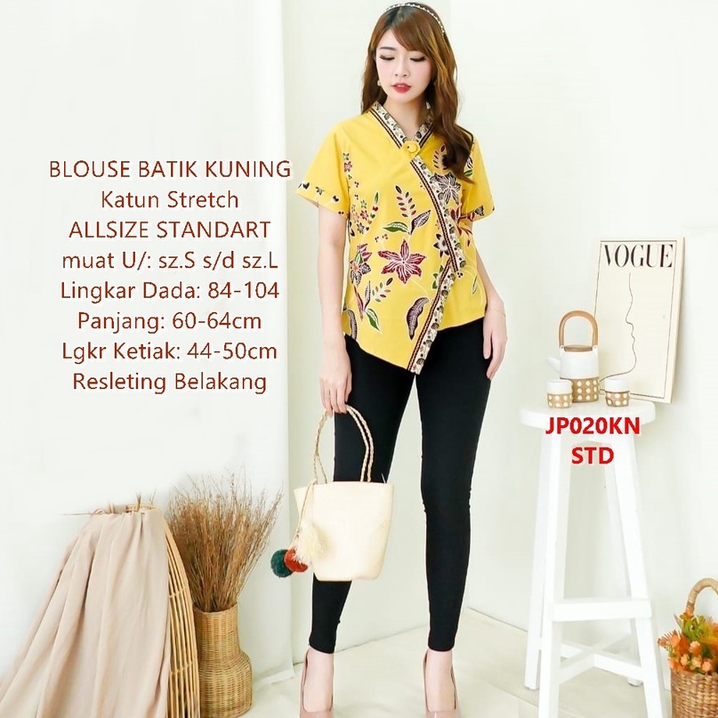 Atasan Batik Blouse Wanita Bunga Baju Batik Blus Cewek Flower Kantoran Terbaru JP020-Yellow-1 sz Standart