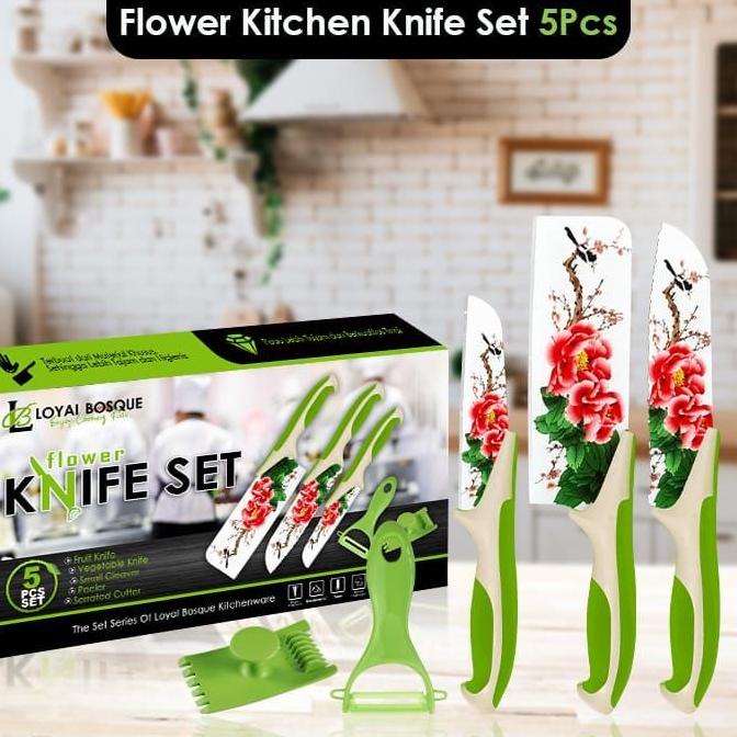Flower Kitchen Knife Set 5 Pcs - Pisau Set Motif Bunga - Pisau Dapur