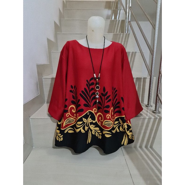 Blouse Scuba Premium Import Jumbo 2XL-3XL-Motif Daun - Merah