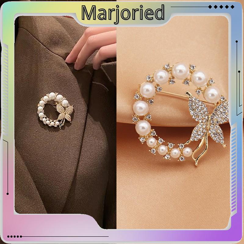 Candy Jewelry Fashion Korean Butterfly Brooches Gold Color Pearl Brooch Pins Rhinestone Breastpin for Women-MJD