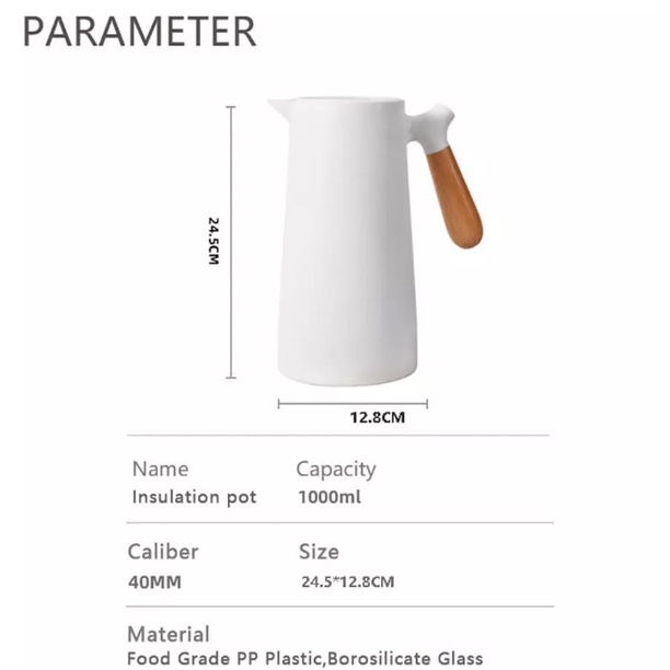 Botol Termos Kaca Vakum / Jug Insulasi Nordic dengan Gagang kayu 1 LITER