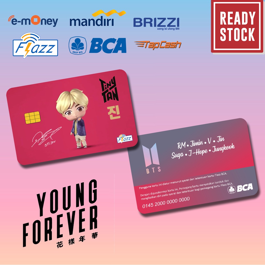 Emoney mandiri flazz bca gen 2 brizzi tap cash custom BTS ARMY jimin, jungkook, v, rm, j-hope, jin, suga kartu e toll free edit 1 sisi atau 2 sisi cocok untuk komunitas dan souvenir