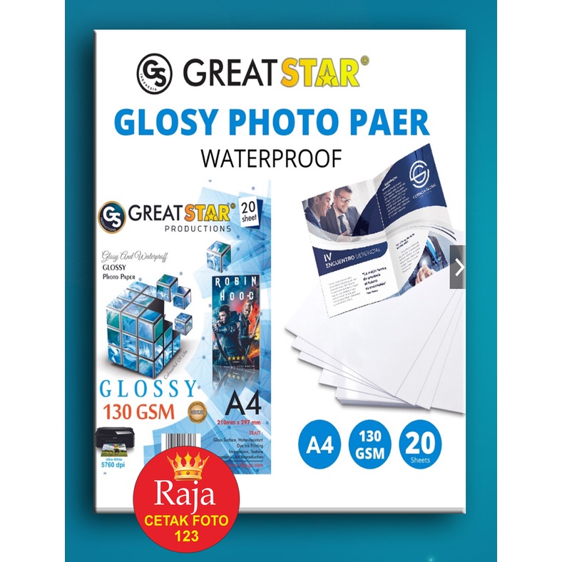 

PHOTO PAPER GLOSSY 130 GSM A4/20LEMBAR ANTI AIR GREATSTAR