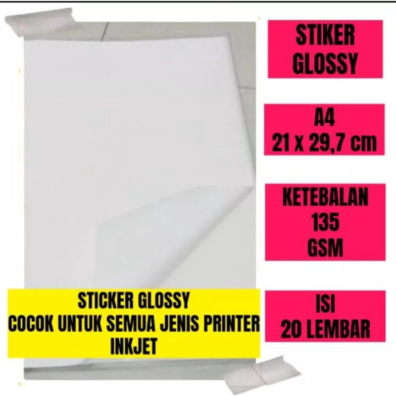 

INKJET STIKER 135 GSM glossy a4 isi 20 lembar