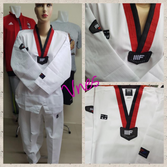 Unik Dobok Mooto IIIF Seragam Taekwondo Junior Kerah Merah Hitam Berkualitas