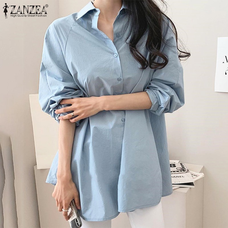 ZANZEA Women Casual Long Sleeve Button Down Irregular Hem Korea Blouse