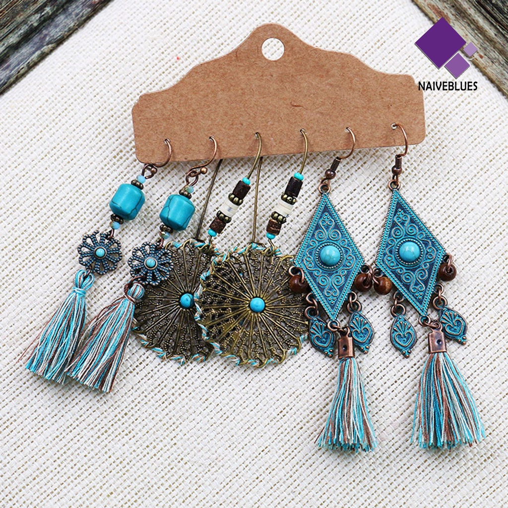 Naiveblue 3 Pasang / Set Anting Tusuk Gantung Wanita Desain Geometri + Rumbai Gaya Bohemian Untuk Hadiah