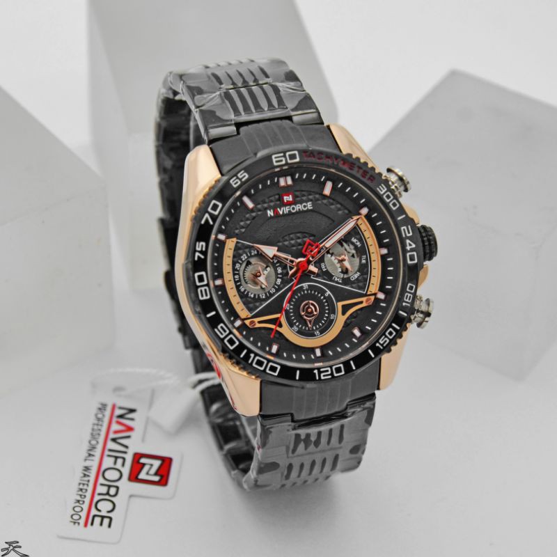 Jam Tangan Pria Cowok Cowo Naviforce NF 9185 Original Analog Rantai Anti Air Sport Stainless Steel