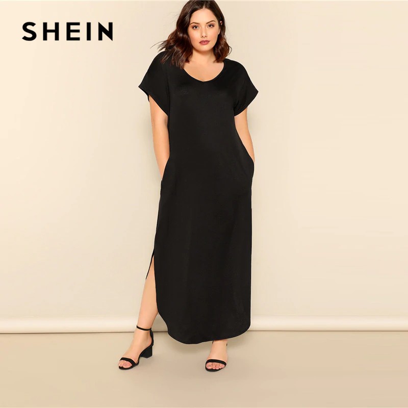 PROMO SHEIN Plus Size Black Slant Pocket M-Slit Hem Maxi Dress 2019 Women Summer Casual Pocket V