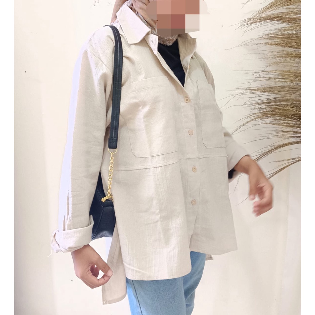 KEMEJA WANITA OVERSIZE LINEN CRINKEL POCKET SIDNEY PREMIUM