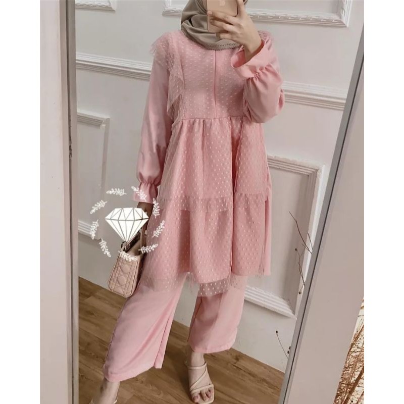 set setelan tunik + celana brukat tile cantik baju lebaran terbaru