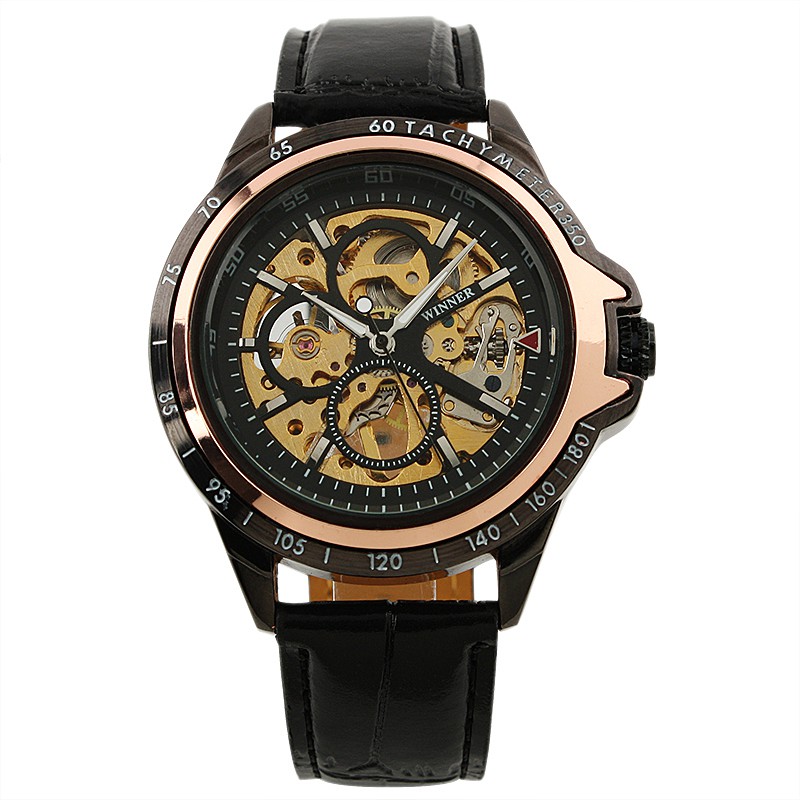 ESS Skeleton Leather Strap Auto Mech Watch - WM267 - Hitam Emas