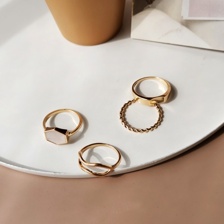 Cincin Set Fashion 4 pcs/set Vintage Batu Marmer Design Geometri Hollow Simple Wanita Korea Dalika