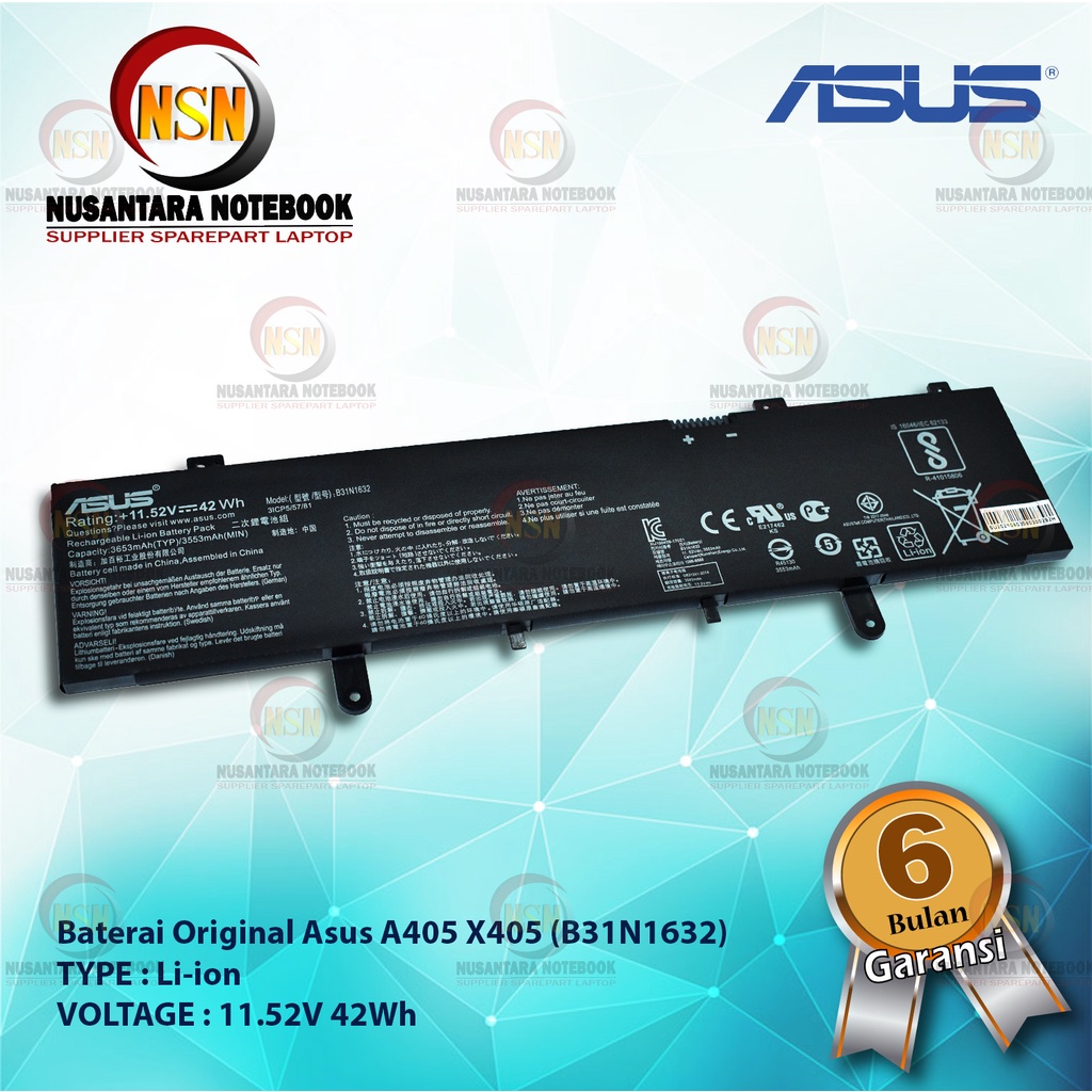 Baterai Original Asus B31N1632 For Asus A405 X405 11.52V 42Wh