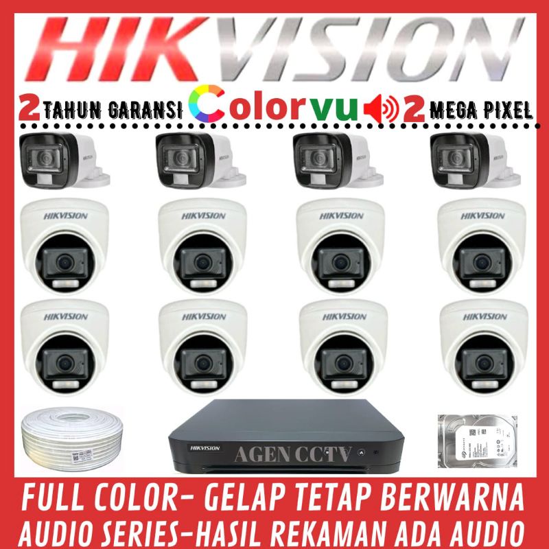 PAKET CCTV HIKVISION COLORVU 2MP 16 CHANNEL 12 KAMERA AUDIO FULL COLOR