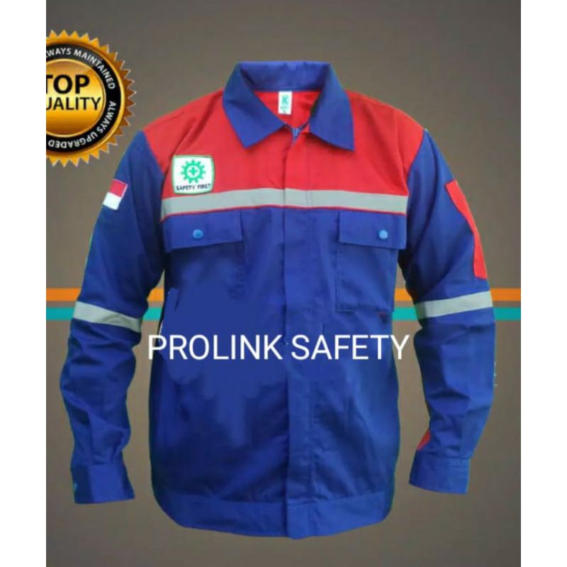 SERAGAM SAFETY RESLETING BIRU MERAH FREE LOGO K3 BENDERA BAHAN DRILL WEARPACK KATELPAK