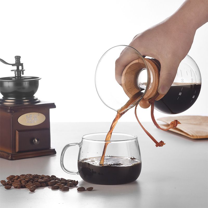 (BOW) Teko Kaca Kopi Bening Classic Dengan Wooden Handle Coffee Pot Serbaguna