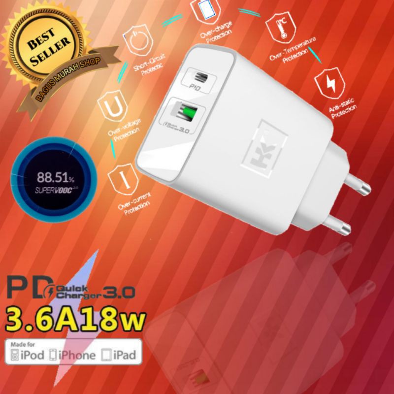 Charger HK Quick Charger QC3.0/4.0 Type-C+USB 18W PD 3.6A Power port Atom PD + kabel micro USB/USB C