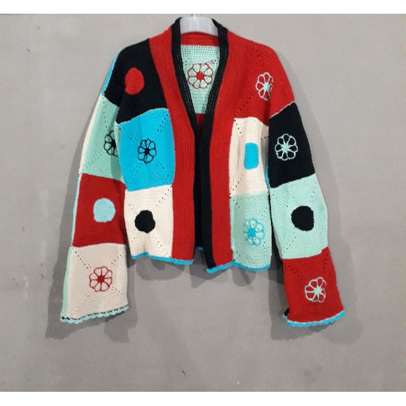 CARDIGAN LUARAN JAKET RAJUT CROCHET FLORAL CIRCLE PATCHWORK GRANNY SQUARE