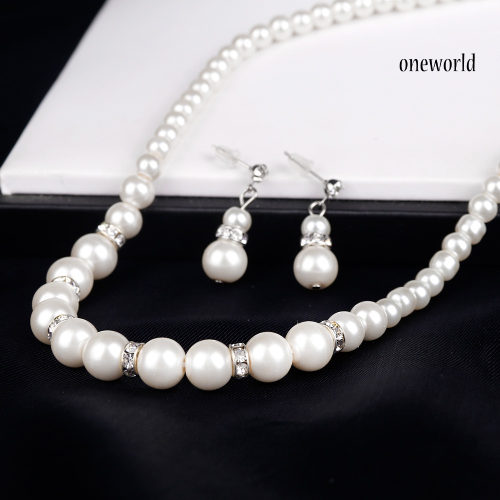 OW@ Women Fashion Chic Rhinestone Faux Pearl Beads Earrings Necklace Jewelry Set