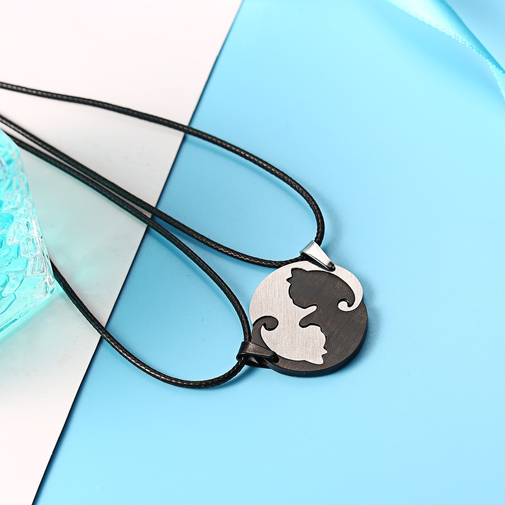 Kalung Bahan Stainless Steel Desain Kucing Yin Yang Tai Chi Warna Hitam Putih Untuk Pasangan