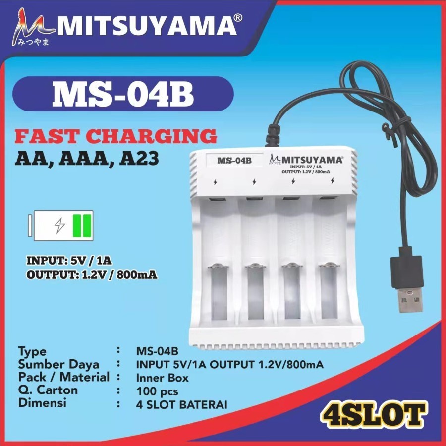 Barangunik2021-Alat Cas Charger Baterai AA AAA 4 Slot Colokan USB Mitsuyama MS-04B/Alat Cas Baterai